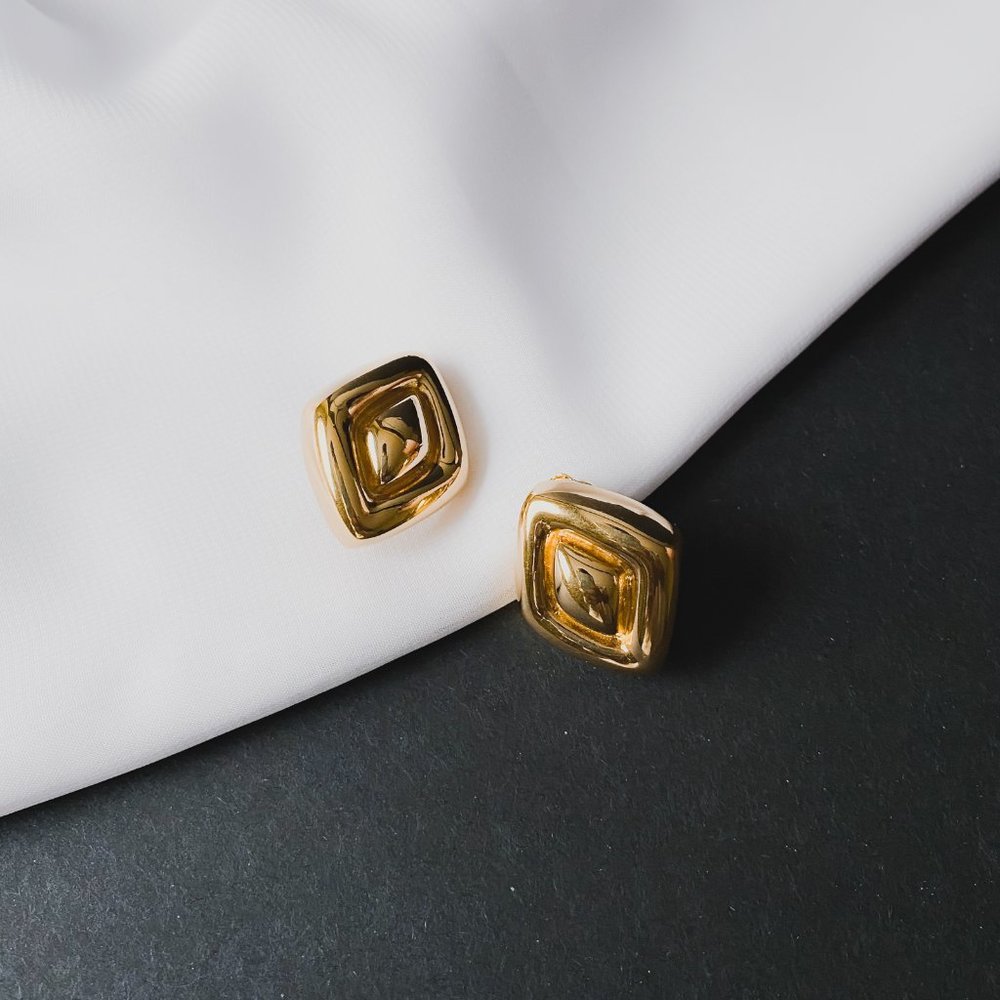 St John Vintage Chunky Shiny Gold Tone Diamond Button Clip On Statement Earrings